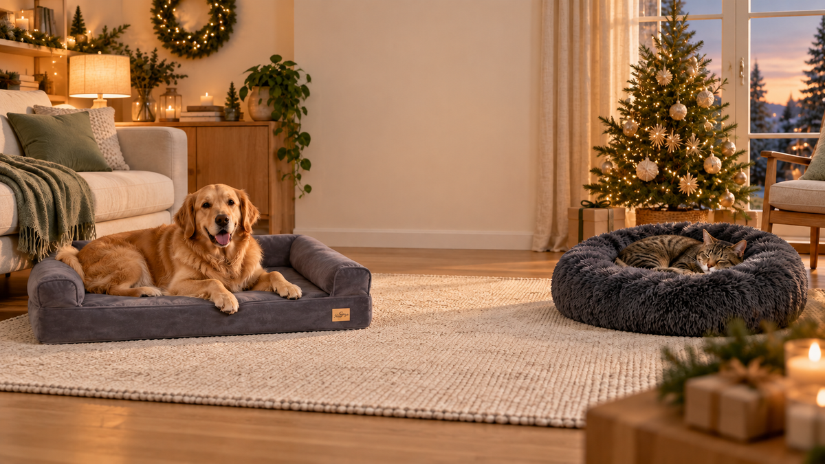Golden retriever and sleeping cat on Nollis beds in a softly lit Christmas living room